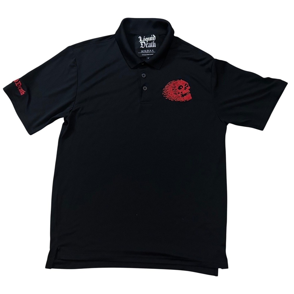 Liquid Death Polo Shirt Mens Small Black Red Flaming Skull Performance Golf Tee